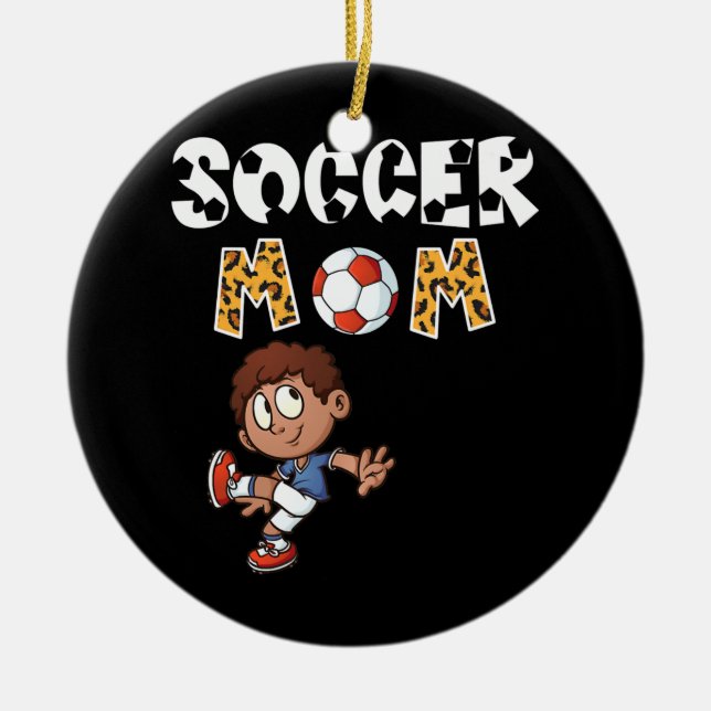 Soccer Mom Leopard Cute Boy Playing Soccer Ceramic Ornament (Front)