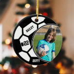 Soccer Name Jersey Number Photo Keepsake Ceramic Ornament<br><div class="desc">This design features a soccer ball background with space for a name, number and photo. Click the customize button for more flexibility in adjusting the text! Variations of this design as well as coordinating products are available in our shop, zazzle.com/store/doodlelulu. Contact us if you need this design applied to a...</div>