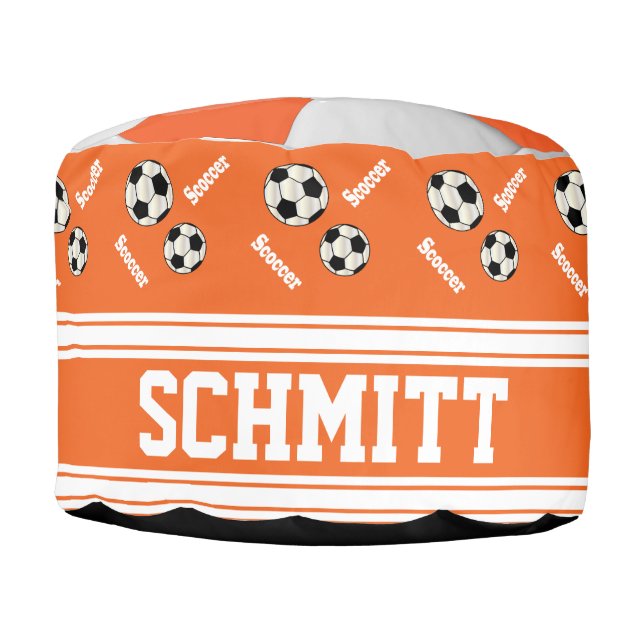 Soccer Orange, White and Black Sport Pattern Pouf (Front)