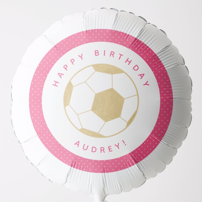Soccer Party Decor Custom Name in Gold and Pink Balloon (Front)