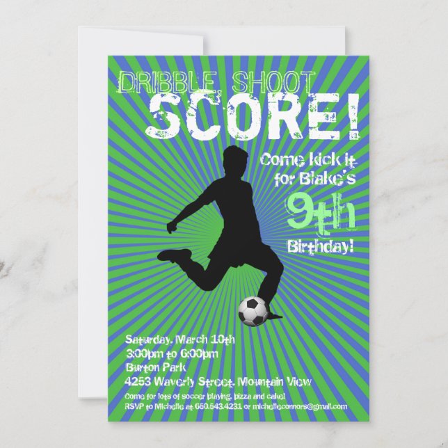 Soccer Party Invitation - Boy, Green and Blue (Front)