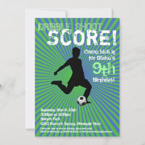 Soccer Party Invitation - Boy, Green and Blue