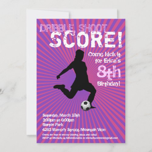 Soccer Party Invitation - Girl, Pink and Purple