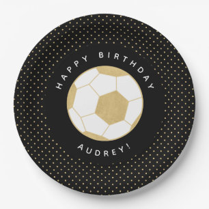 Soccer Party Personalized Name Black Gold Paper Plates