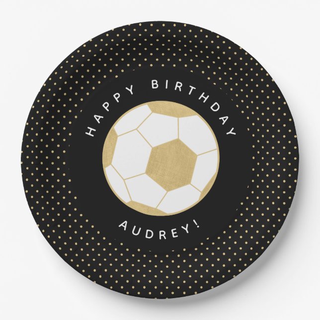 Soccer Party Personalized Name Black Gold Paper Plates (Front)