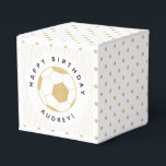 Soccer Party Sports Custom  in Gold and White Favor Boxes<br><div class="desc">This custom party favor box featuring a gold soccer ball will delight the soccer (or football) lover in your life. Perfect for parties celebrating coaches, sports lovers or athletes. Text is customizable. Part of a collection from Parcel Studios. *The gold foil detail is simulated. Real foil will not be used...</div>