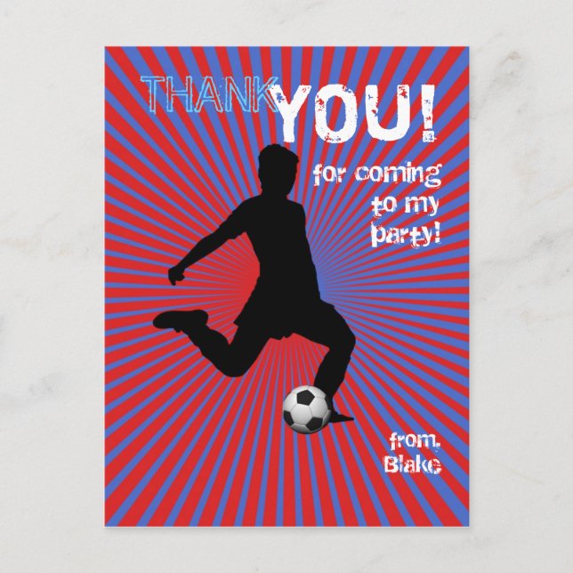 Soccer Party Thank You Postcard - Boy Red (Front)