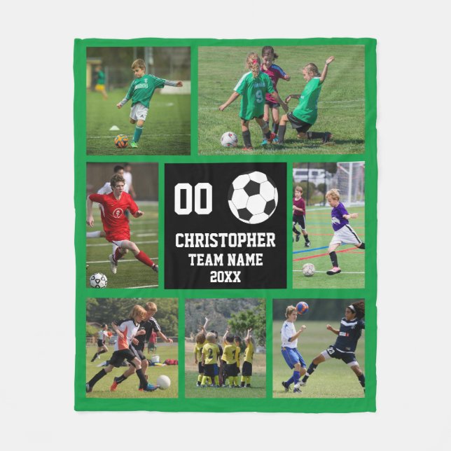 Soccer photo collage green fleece blanket (Front)