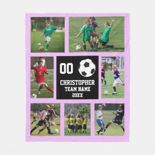 Soccer photo collage purple fleece blanket