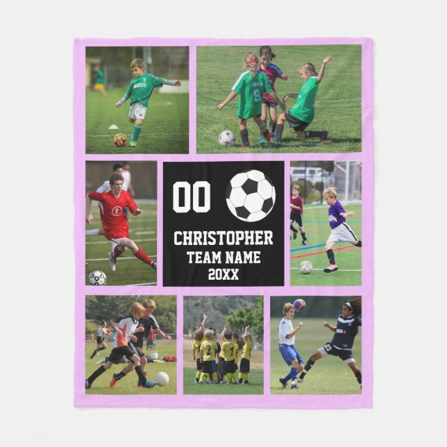 Soccer photo collage purple fleece blanket (Front)
