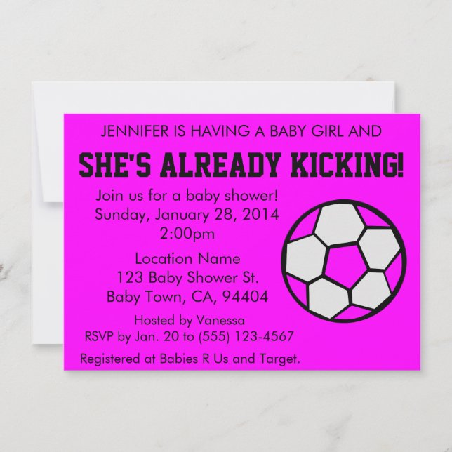 Soccer Pink Baby Shower Invitation, Customizable Invitation (Front)