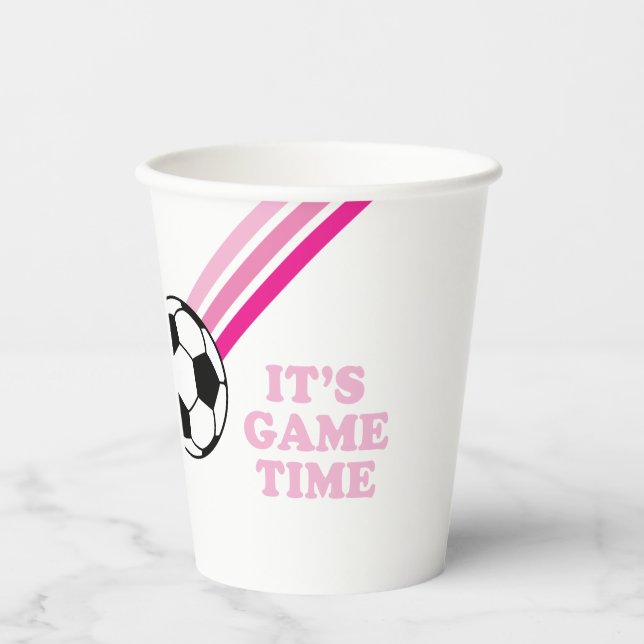 Soccer Pink Stripes Game Time Birthday Paper Cups (Front)