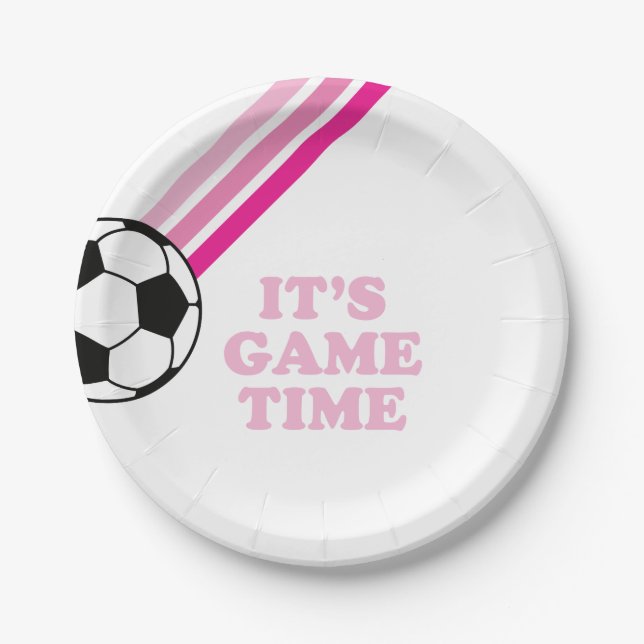 Soccer Pink Stripes Game Time Birthday Paper Plates (Front)