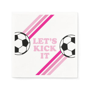 Soccer Pink Stripes Let's Kick It Birthday Napkins