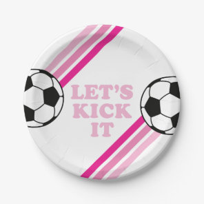 Soccer Pink Stripes Let's Kick It Birthday Paper Plates