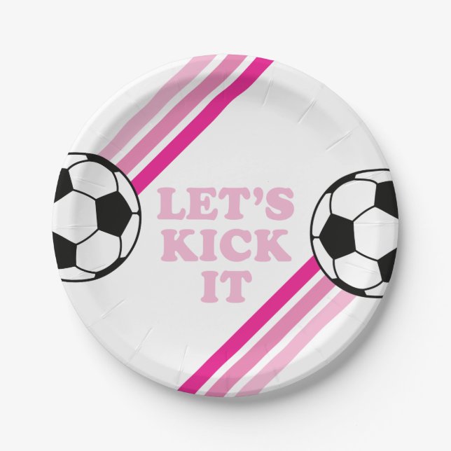 Soccer Pink Stripes Let's Kick It Birthday Paper Plates (Front)