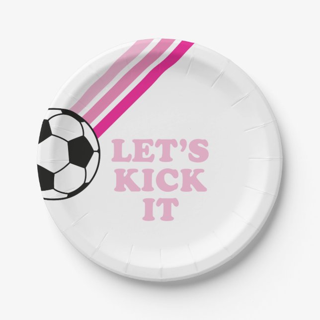 Soccer Pink Stripes Let's Kick It Birthday Paper Plates (Front)