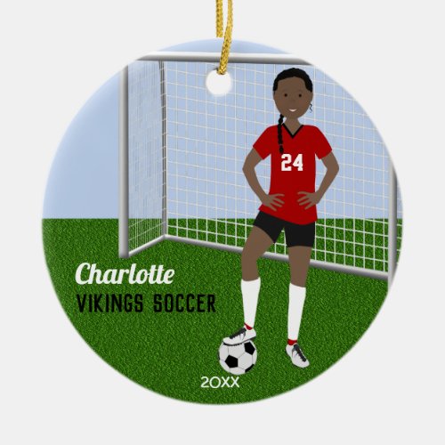 Soccer Player African American In Red Ceramic Ornament