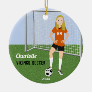 Soccer Player Blond In Orange Ceramic Ornament