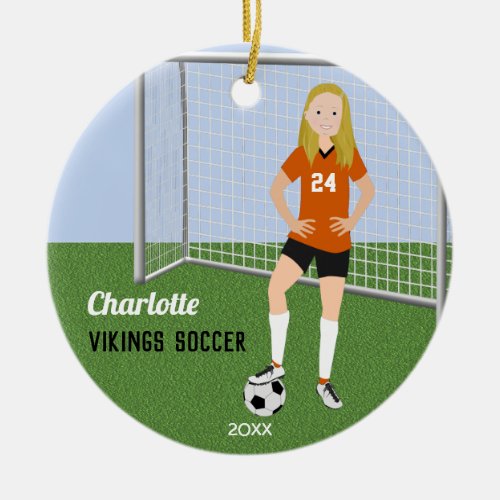 Soccer Player Blond In Orange Ceramic Ornament