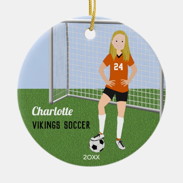 Soccer Player Blond In Orange Ceramic Ornament (Front)