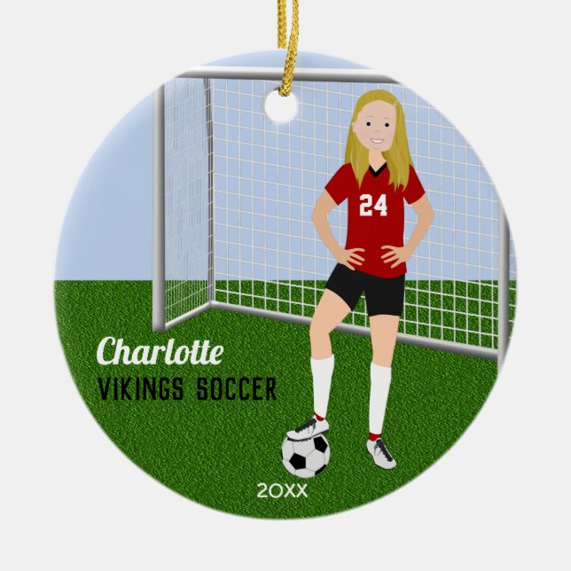 Soccer Player Blond In Red Ceramic Ornament (Front)