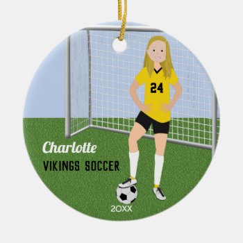Soccer Player Blond In Yellow And Black Ceramic Ornament by NightOwlsMenagerie at Zazzle