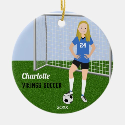 Soccer Player Blonde In Blue Ceramic Ornament