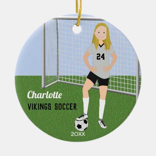 Soccer Player Blonde In Gray and Black Ceramic Ornament (Front)