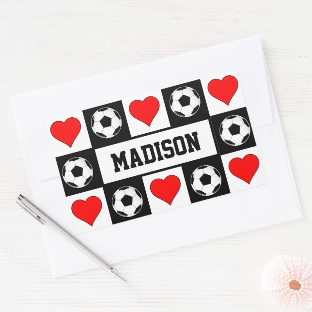 Soccer Player Custom Name Soccer Balls & Hearts Rectangular Sticker (Envelope)