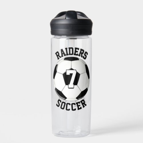 Soccer Player Custom Team Name and Jersey Number Water Bottle