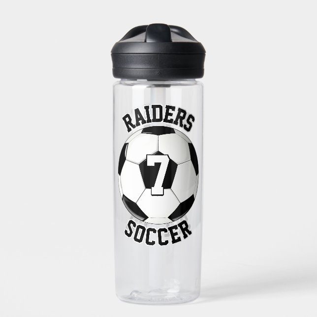 Soccer Player Custom Team Name and Jersey Number Water Bottle (Front)