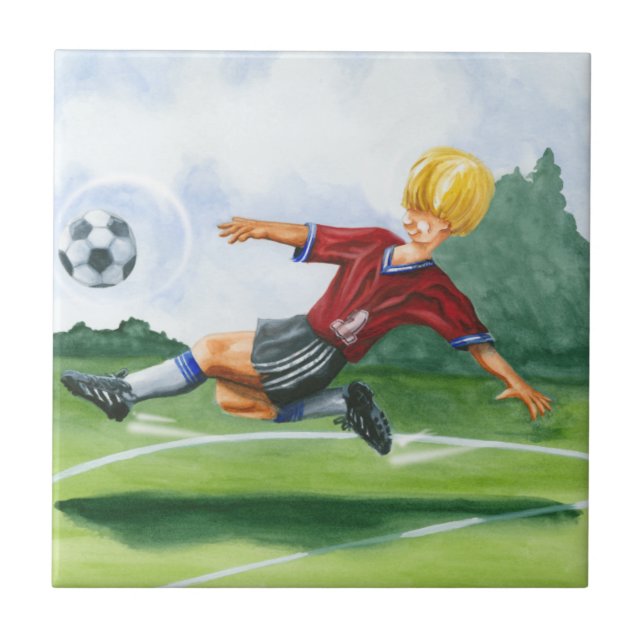 Soccer Player Kicking a Ball by Jay Throckmorton Ceramic Tile (Front)