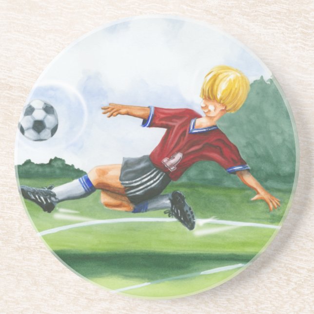 Soccer Player Kicking a Ball by Jay Throckmorton Sandstone Coaster (Front)