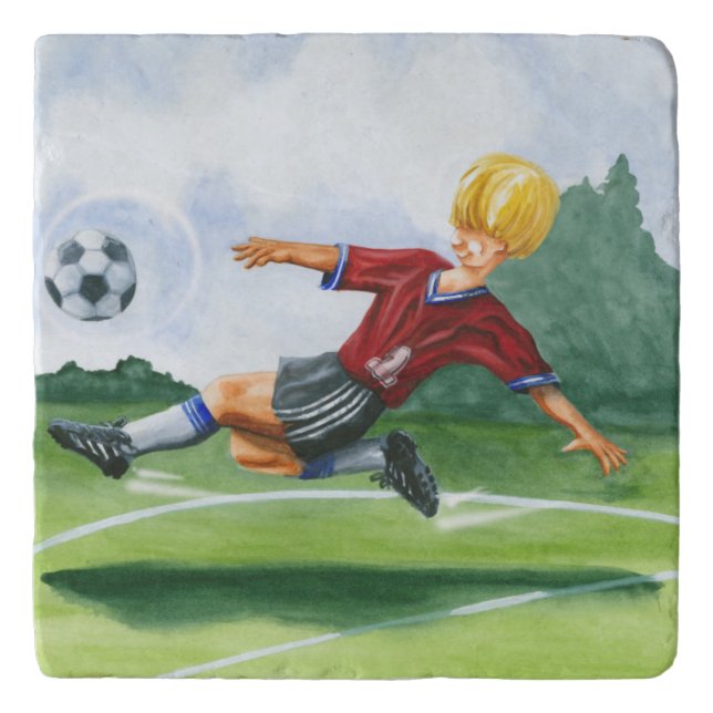 Soccer Player Kicking a Ball by Jay Throckmorton Trivet (Front)