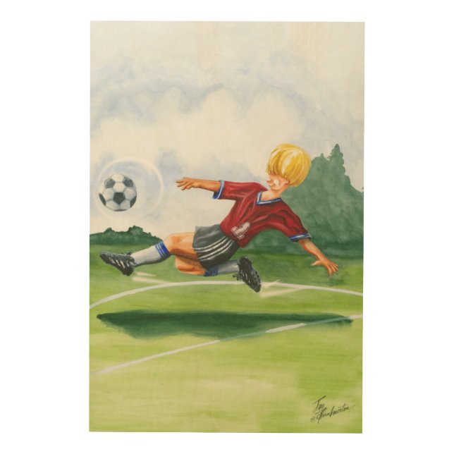 Soccer Player Kicking a Ball by Jay Throckmorton Wood Wall Art (Front)
