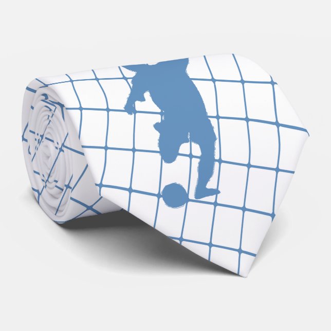 Soccer Player Kicking Ball Blue Check Necktie (Rolled)