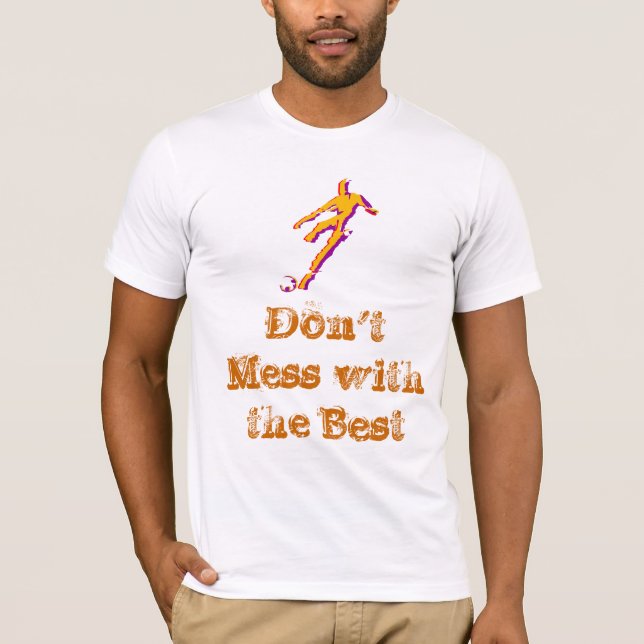 Soccer player kicking ball with saying on t-shirt (Front)