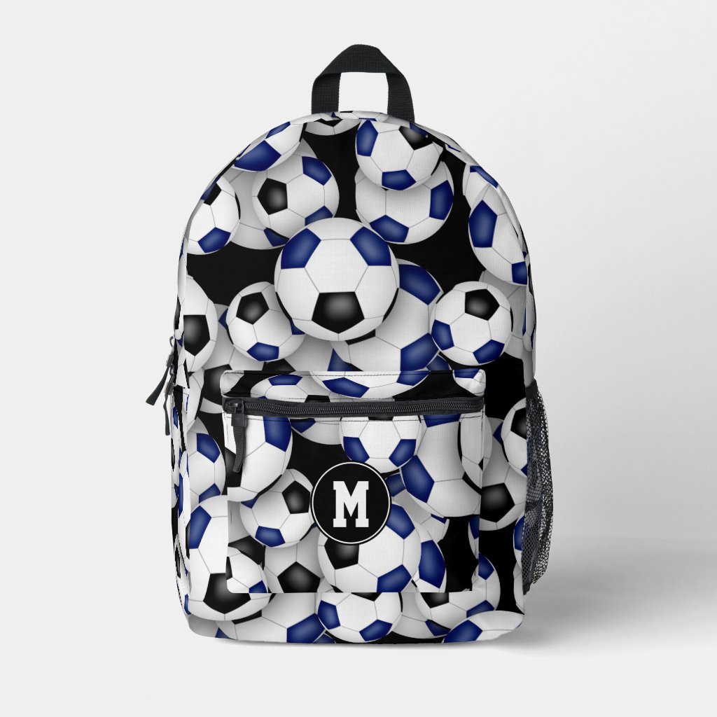 soccer player monogrammed blue black team colors patterned backpack