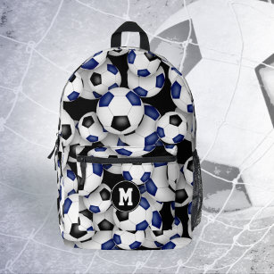 soccer player monogrammed blue black team colors printed backpack