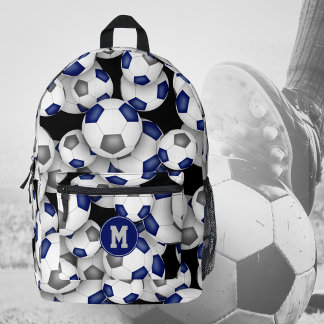 soccer player monogrammed blue gray team colors printed backpack