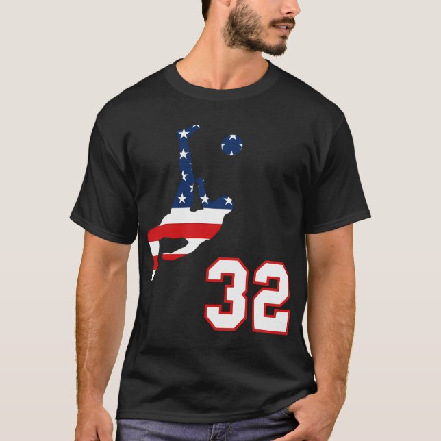 Soccer Player Number 32 With American Usa Flag Bic T-Shirt (Front)