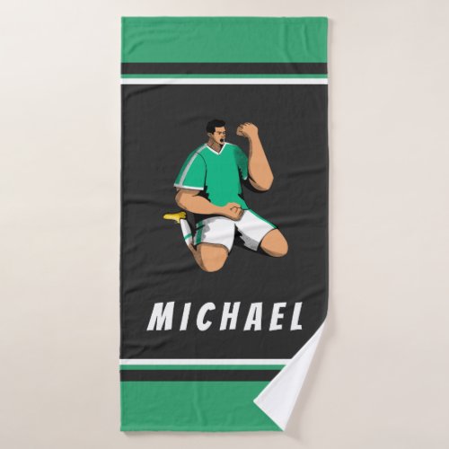 Soccer Player Personalized Sports Theme Green Boys Bath Towel