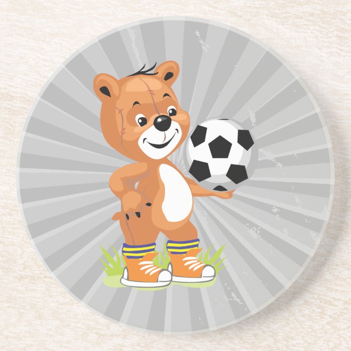 soccer player teddy bear cartoon graphic beverage coaster