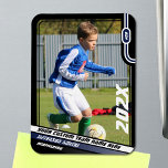 Soccer Player Trading Card in Black Blue Magnet<br><div class="desc">Celebrate your favorite soccer player with our customizable soccer player magnet. This magnet features a sleek black frame with striking blue and white design elements, making it a standout addition to any collection. In the top right corner, the player's uniform number is prominently displayed in bold white san-serif font against...</div>