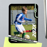 Soccer Player Trading Card in Black Green Magnet<br><div class="desc">Celebrate your soccer star with our customizable soccer player magnet, featuring a sophisticated black frame with striking green and white design elements. The top right corner showcases the player's uniform number in bold, white san-serif font, while the bottom right highlights the customizable year. Three bottom stripes in white, green, and...</div>