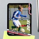 Soccer Player Trading Card in Black Red Magnet<br><div class="desc">Highlight your favorite soccer player's achievements with our customizable soccer player magnet. Featuring a sleek black frame accented with bold red and white design elements, this magnet is the perfect blend of style and personalization. The top right corner showcases the player's uniform number in a crisp white san-serif font against...</div>