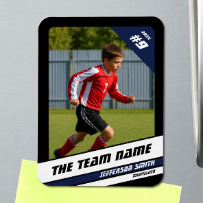 Soccer Player Trading Card in Vigorous Blue Black Magnet
