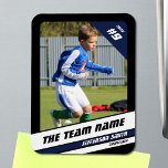 Soccer Player Trading Card in Vigorous Blue Black Magnet<br><div class="desc">Celebrate your favorite soccer player with our customizable magnet, framed in elegant black with blue and white elements. Designed with personalization in mind, this magnet features the player's uniform number and year in bold white san-serif font at the top right, both customizable to capture the essence of your soccer star....</div>