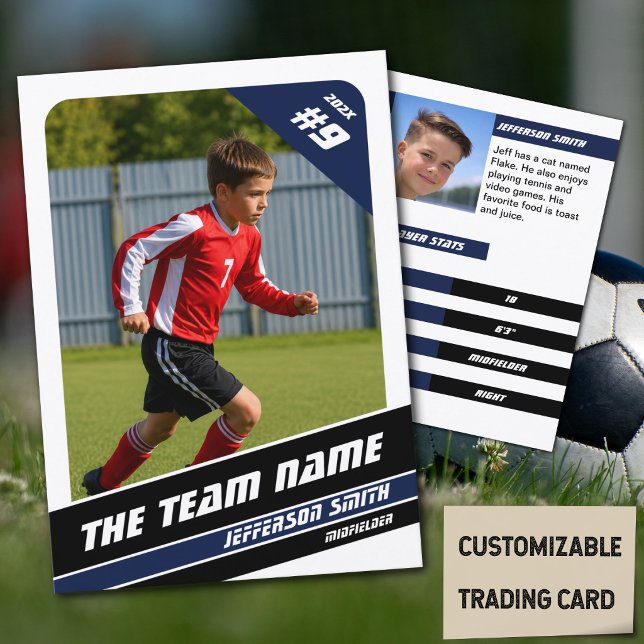 Soccer Player Trading Card in Vigorous Blue White (Soccer Player Trading Card in White with Custom Team Name and Blue Black Elements)